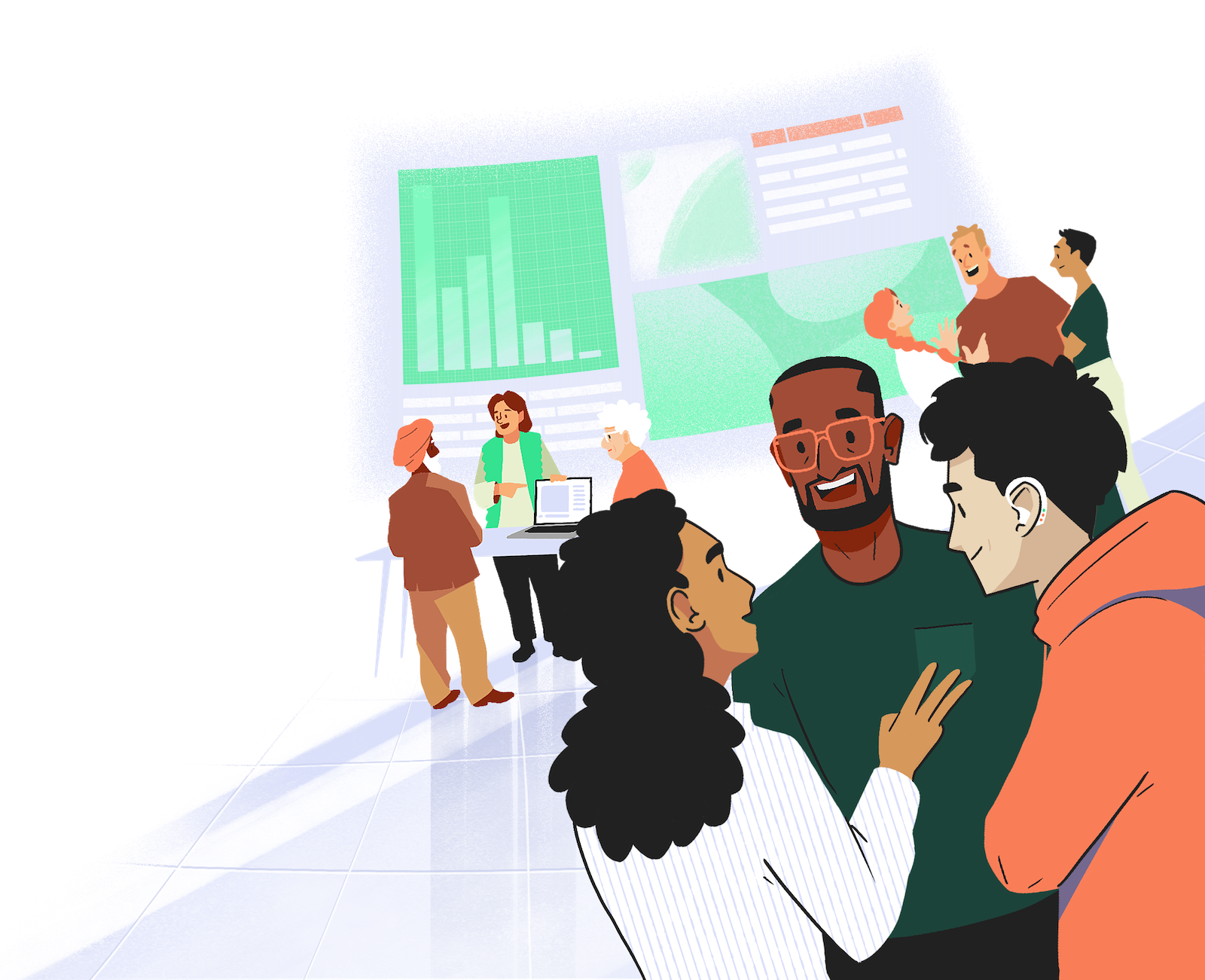 Illustration of people sitting and conversing.