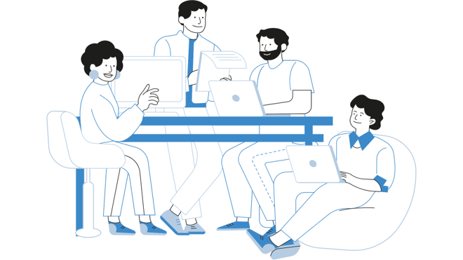 Woman with headphones on looking at a large screen of complex data.